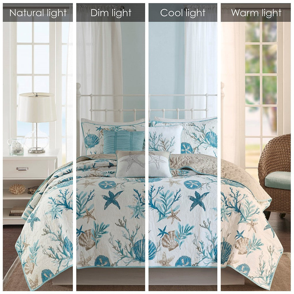 6 Piece Cotton Sateen Quilt Set with Throw Pillows Aqua Full/Queen Media 12