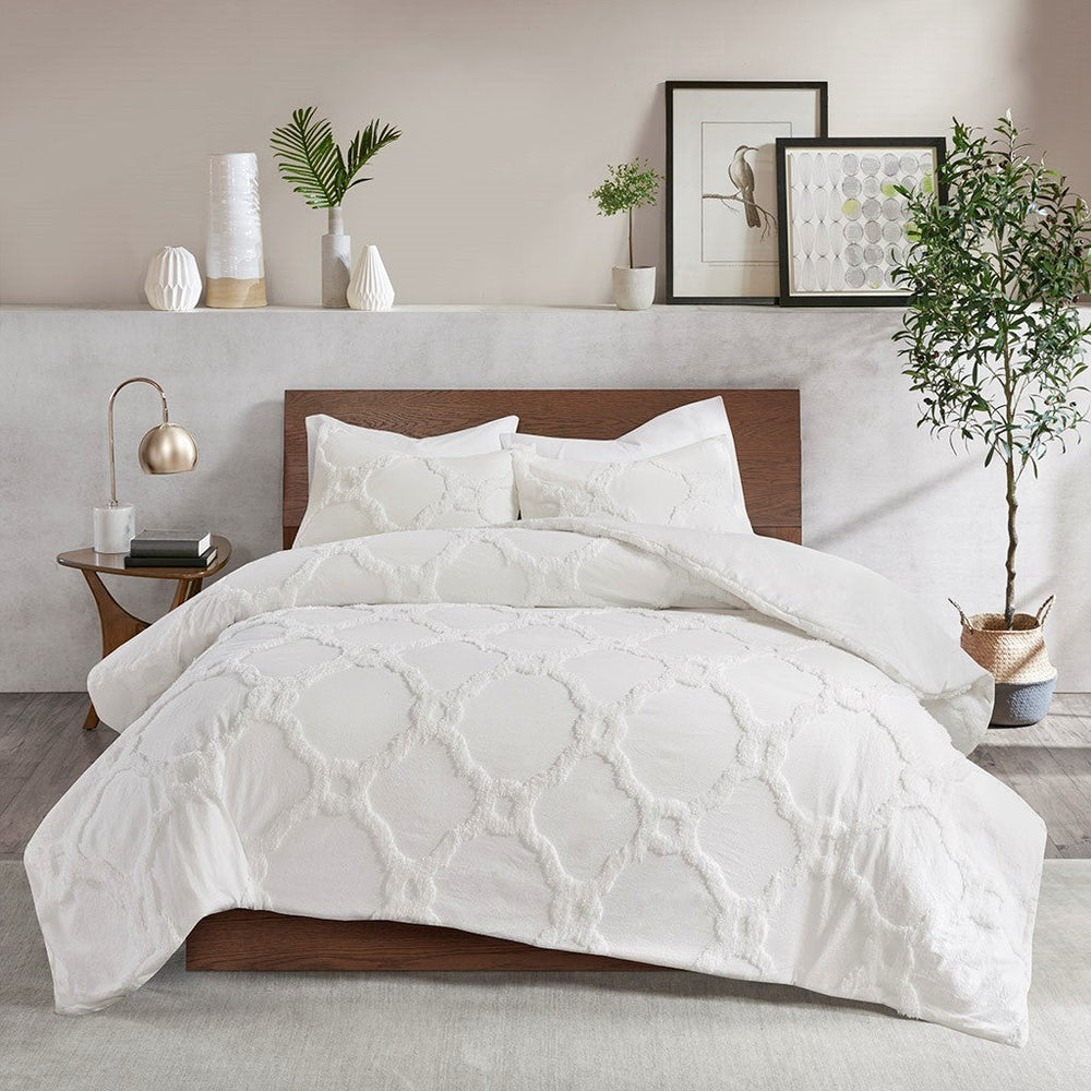 3 Piece Tufted Cotton Chenille Geometric Comforter Set Off-White King/Cal King Media 1