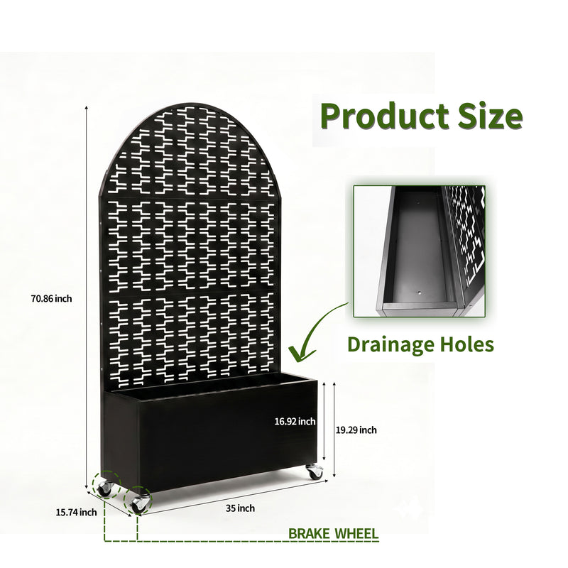 Arched Decorative Privacy Screen with Planter Box, 70.87' Tall Metal Freestanding Fence Planter, 35.04'×15.75'×16.92' Planter Box for Patio Balcony Backyard