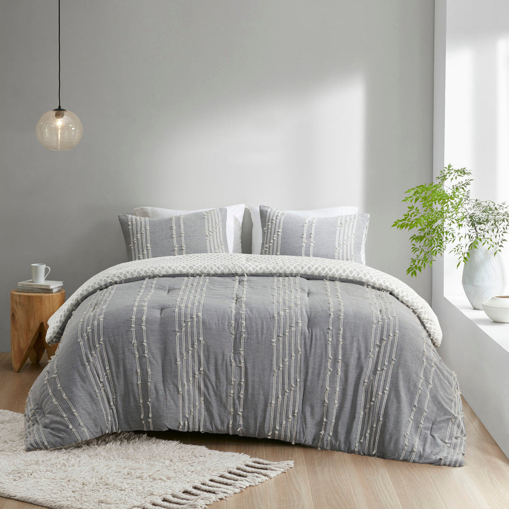 3 Piece Cotton Jacquard Comforter Set Gray Full/Queen Media 8