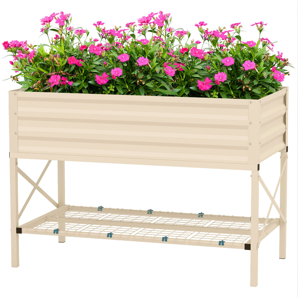 Outsunny Raised Garden Bed with Galvanized Steel Frame, Storage Shelf and Bed Liner, Elevated Planter Box with Legs for Vegetables, Flowers, Herbs, Cream Media 10