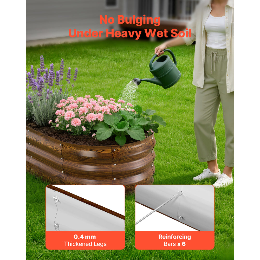 2 Pack Galvanized Raised Garden Beds, 4 x 2 x 1 ft, Oval Metal Planter Boxes Kit Outdoor, Bottomless Elevated Garden Box with Gloves, Alu-Zinc, for Planting Flowers Vegetables, Deep Wood Grain Media 3