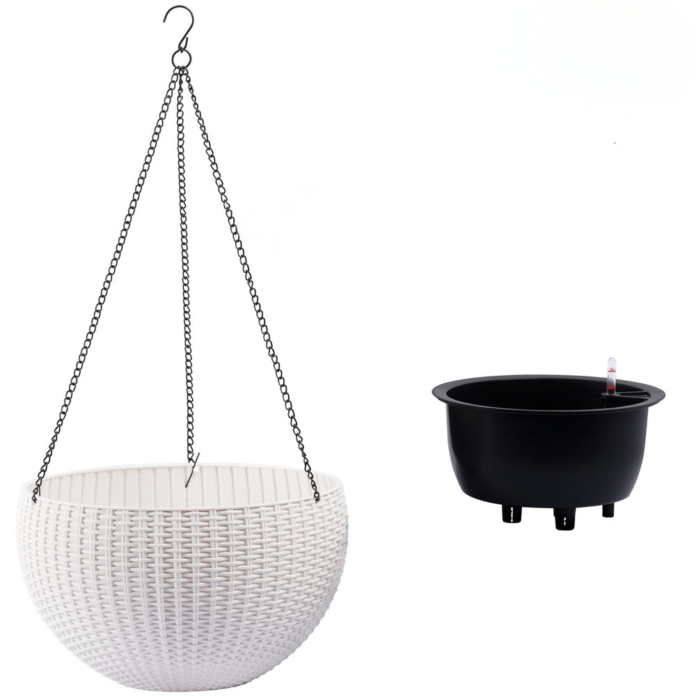 13.4 inch Self-Watering Hanging Rattan-Inspired Planter Large Capacity, Root-Rot Resistant Water Storage with Water Level Indicator, Dual-Use for Indoor & Balcony Decoration (Pack of 2, White) Media 1