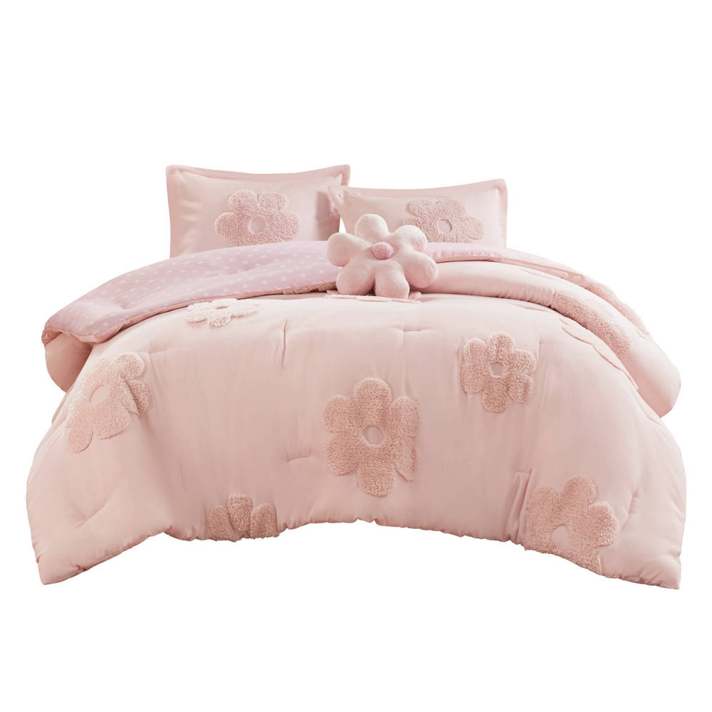 4-Piece Full/Queen Floral Reversible Tufted Chenille Comforter Set with Flower Throw Pillow,Pink Media 11