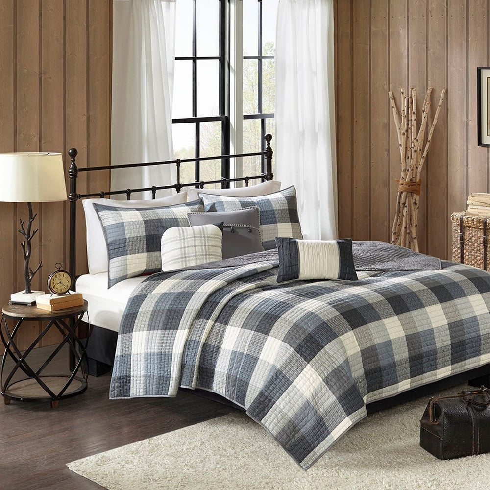 6 Piece Printed Herringbone Quilt Set with Throw Pillows Grey King/Cal King Media 1
