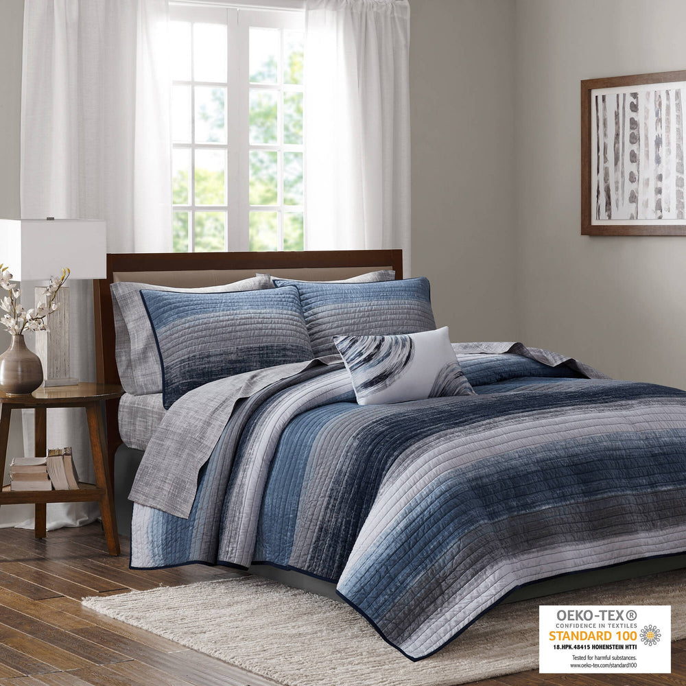 8-Piece King 8 Piece Quilt Set with Cotton Bed Sheets,Navy Media 2