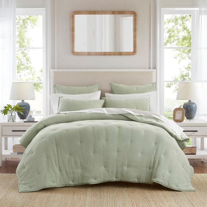 3-Piece Full/Queen Cotton  Embroidered Quilt Set,Sage Media 1