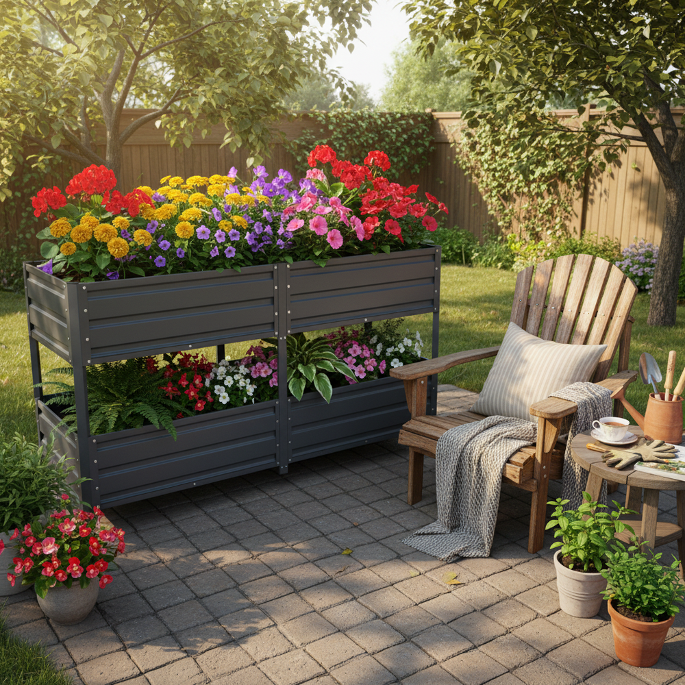 Dual Tier Elevated Metal Raised Garden Bed with Lockable Wheels, Staggered 2-Layer Raised Planter Box for Vegetables Herbs Flowers, Outdoor Patio Backyard Green Planting Bed,Grey Media 1