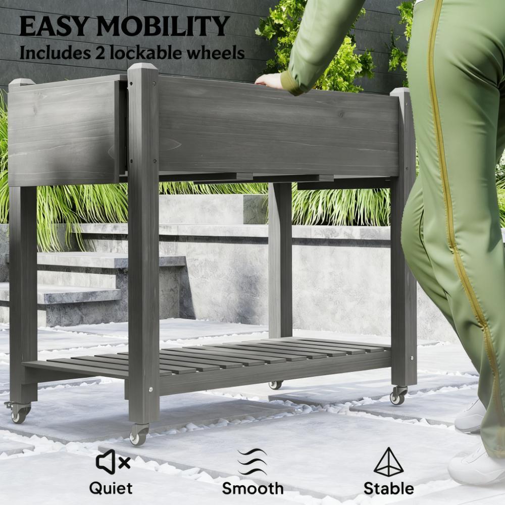Elevated Garden Bed,Wood Raised Planter Box,with Lockable Wheels,Side Tables,Bottom Shelf,Drain Holes Media 8