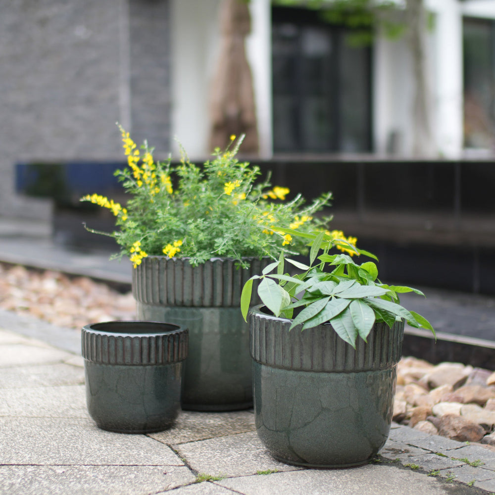 Handmade Ceramic Planter Set of 3, 15/12/9 Inch Diameter, Dark Green Vertical Ribbed Pattern, for Succulents Indoor/Outdoor Use on Windowsill & Bookshelf, Breathable Clay