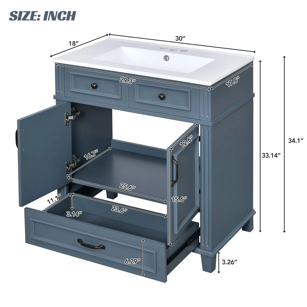 Blue Bathroom Vanity Ceramic Sink & Solid Wood Frame Soft Closing Doors Retro Media 8