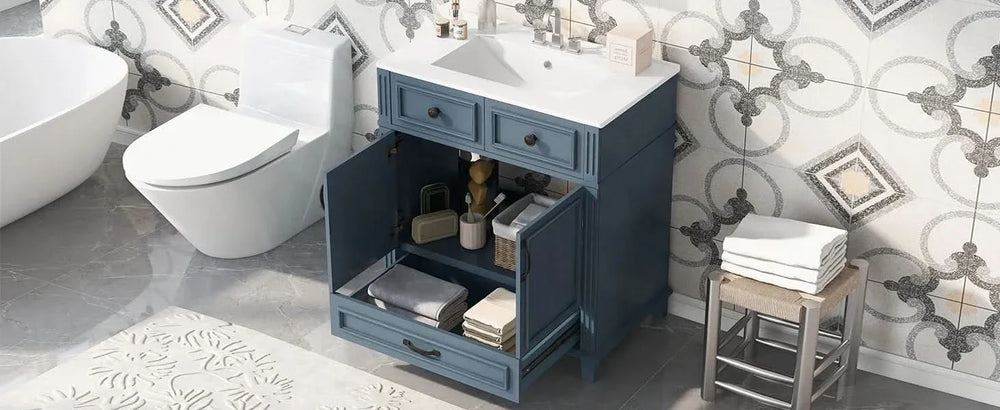 Blue Bathroom Vanity Ceramic Sink & Solid Wood Frame Soft Closing Doors Retro Media 21