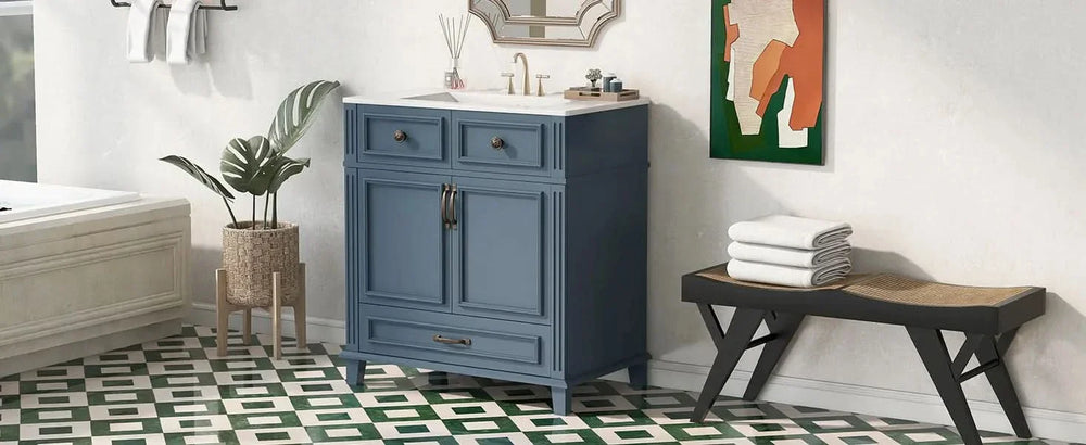Blue Bathroom Vanity Ceramic Sink & Solid Wood Frame Soft Closing Doors Retro Media 22