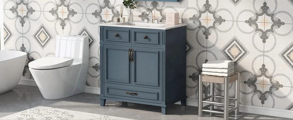 Blue Bathroom Vanity Ceramic Sink & Solid Wood Frame Soft Closing Doors Retro Media 23