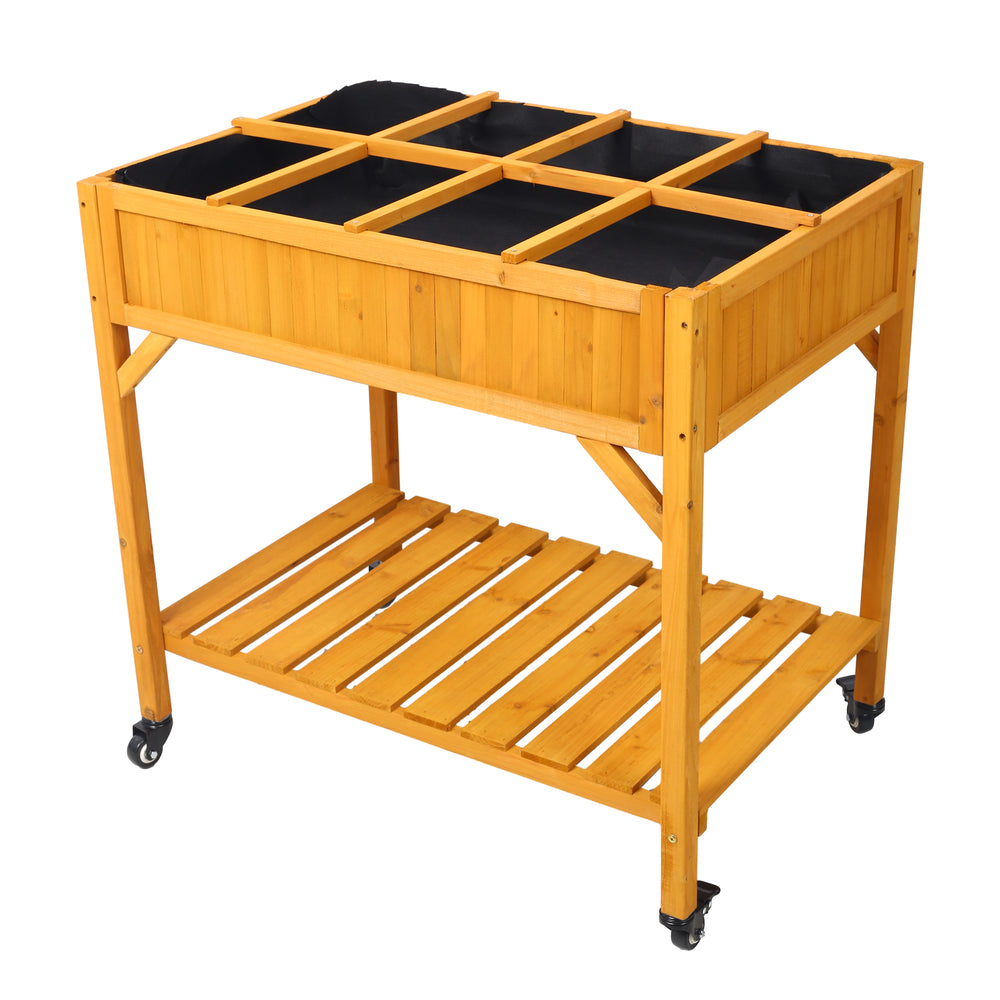 Elevated 8 Pocket Herb Garden Bed, Mobile Raised Customizable Wood Planter for Herbs, Vegetables, Flowers w/ Lockable Wheels, Storage Shelf, Drainage Holes Media 1
