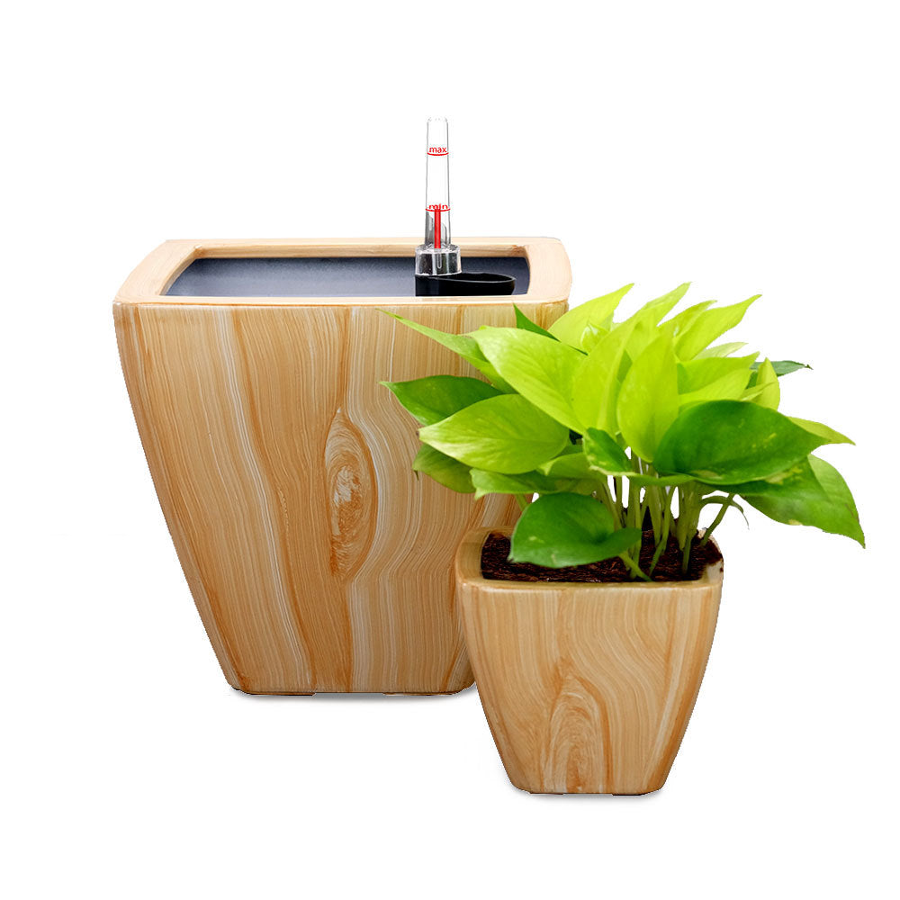 2-Pack Smart Self-watering Planter Pot for Indoor and Outdoor - Light Wood - Square Cone Media 1