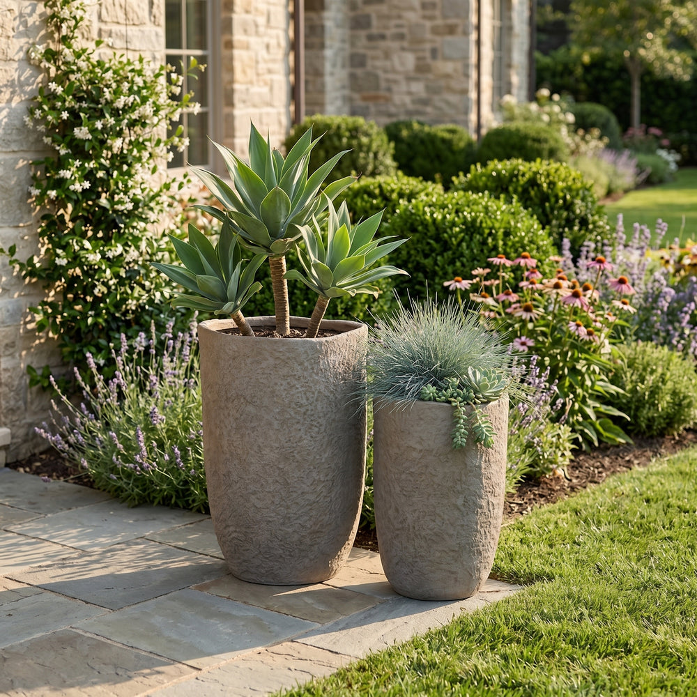 Round Concrete Planter Set of 2, Large Outdoor Indoor Handmade Rustic Decorative Planter Pots Containers with Drainage Holes for Home Garden Patio, 14' x 22' & 17' x 26' (Coffee) Media 1
