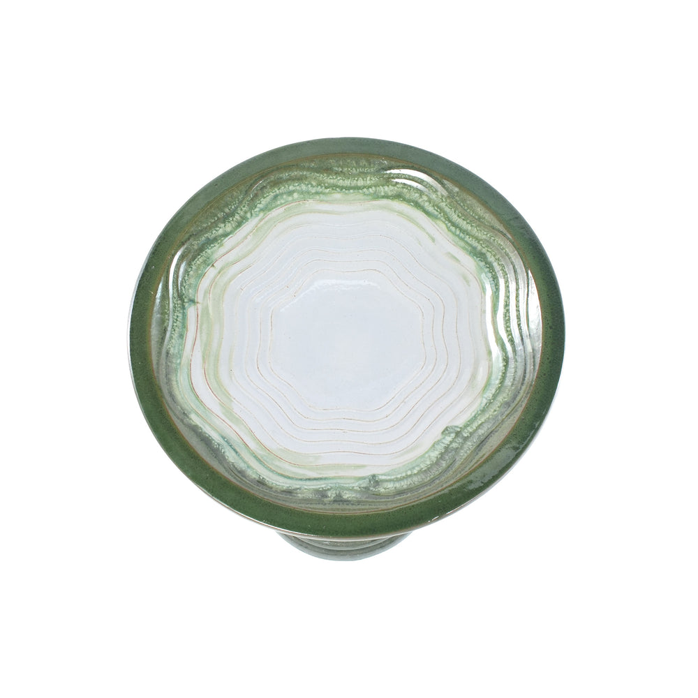 Handmade glazed ceramic bird bath, 17' concentric ripple embossed tray & 18' pedestal base, white to sage green ombre gradient glaze outdoor bird feeder for yard, lawn, patio & backyard Media 11