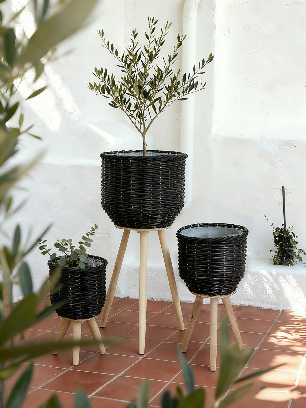 Set of 3 Black Poly Rattan Baskets with Rope Texture and Tapered Wooden Legs, L:12x12x23.5' M:10x10x17.5' S:8x8x13.5' Media 1