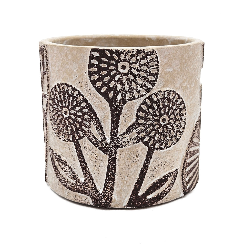 Set of 4 4.3x4.3x4' Gray Sand and Cement Planters with Brown Botanical Motifs Media 9
