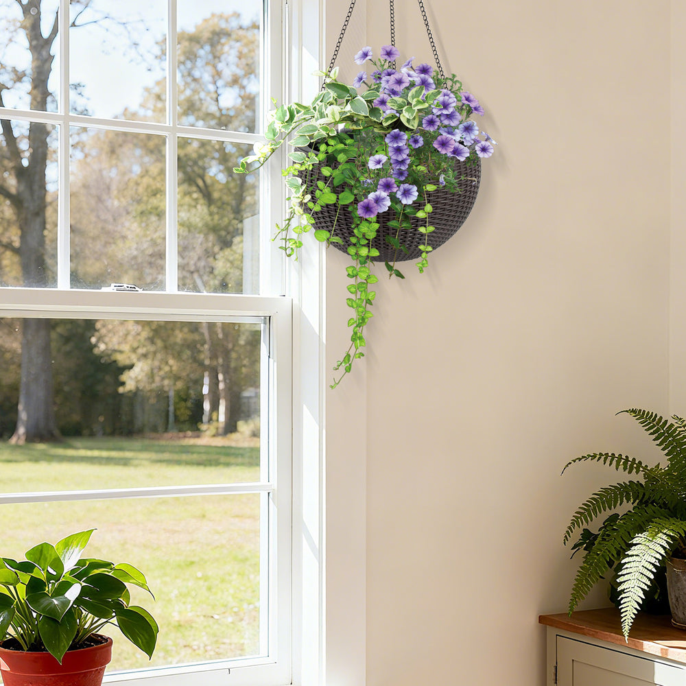 13.4 inch Self-Watering Hanging Rattan-Inspired Planter Large Capacity, Root-Rot Resistant Water Storage with Water Level Indicator, Dual-Use for Indoor & Balcony Decoration (Pack of 2, Brown) Media 12