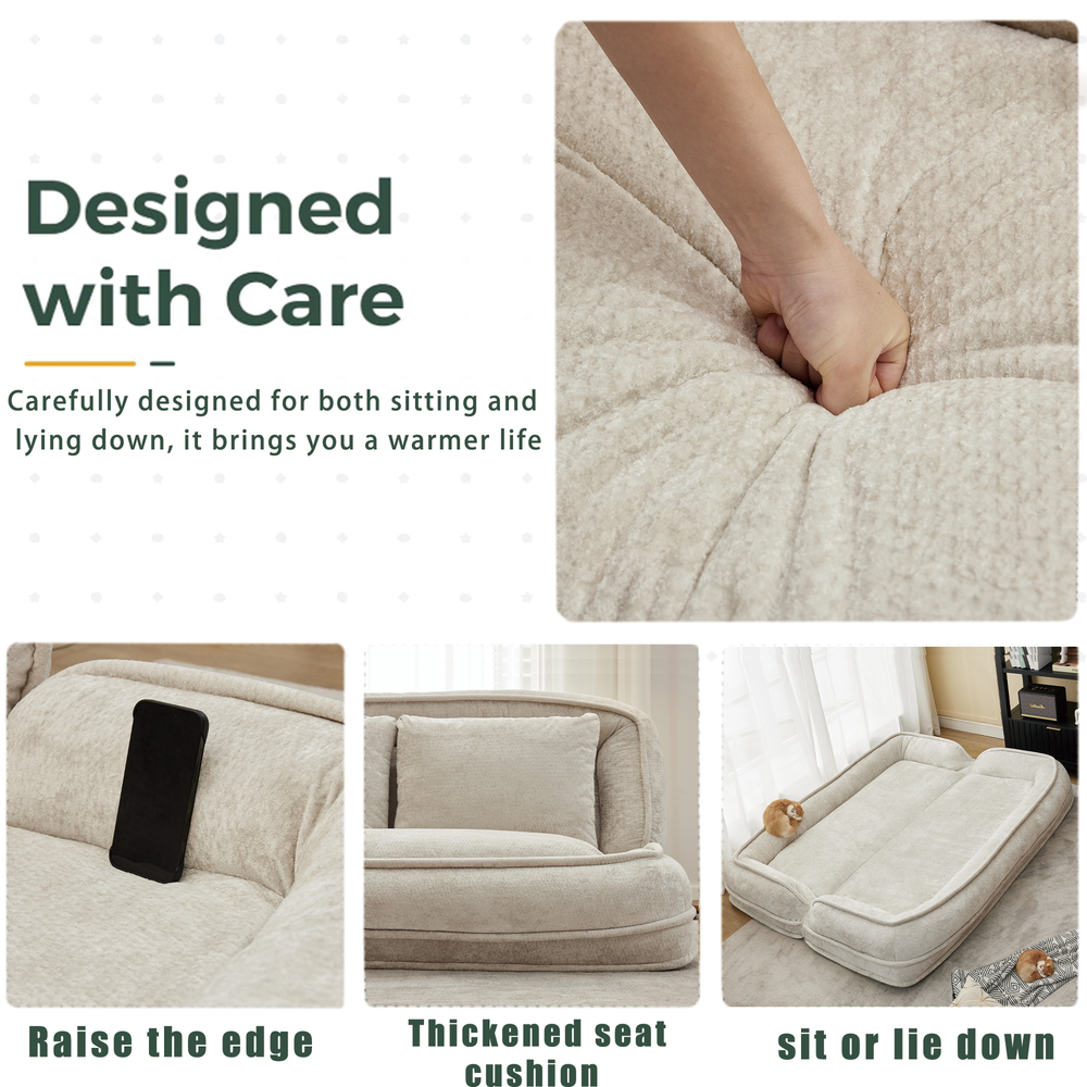 Pet Sofa Bed Chenille 2-In-1 Lounge Couch With 5 Adjustable Positions For People & Pets Beige Media 9