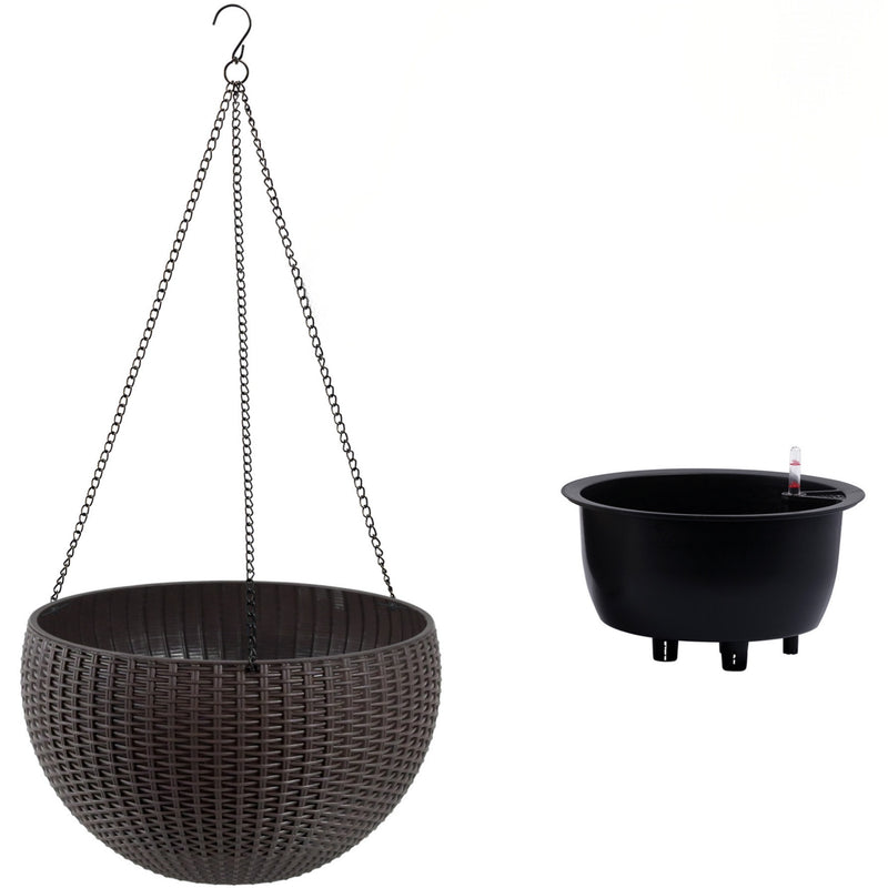 13.4 inch Self-Watering Hanging Rattan-Inspired Planter Large Capacity, Root-Rot Resistant Water Storage with Water Level Indicator, Dual-Use for Indoor & Balcony Decoration (Pack of 2, Brown)