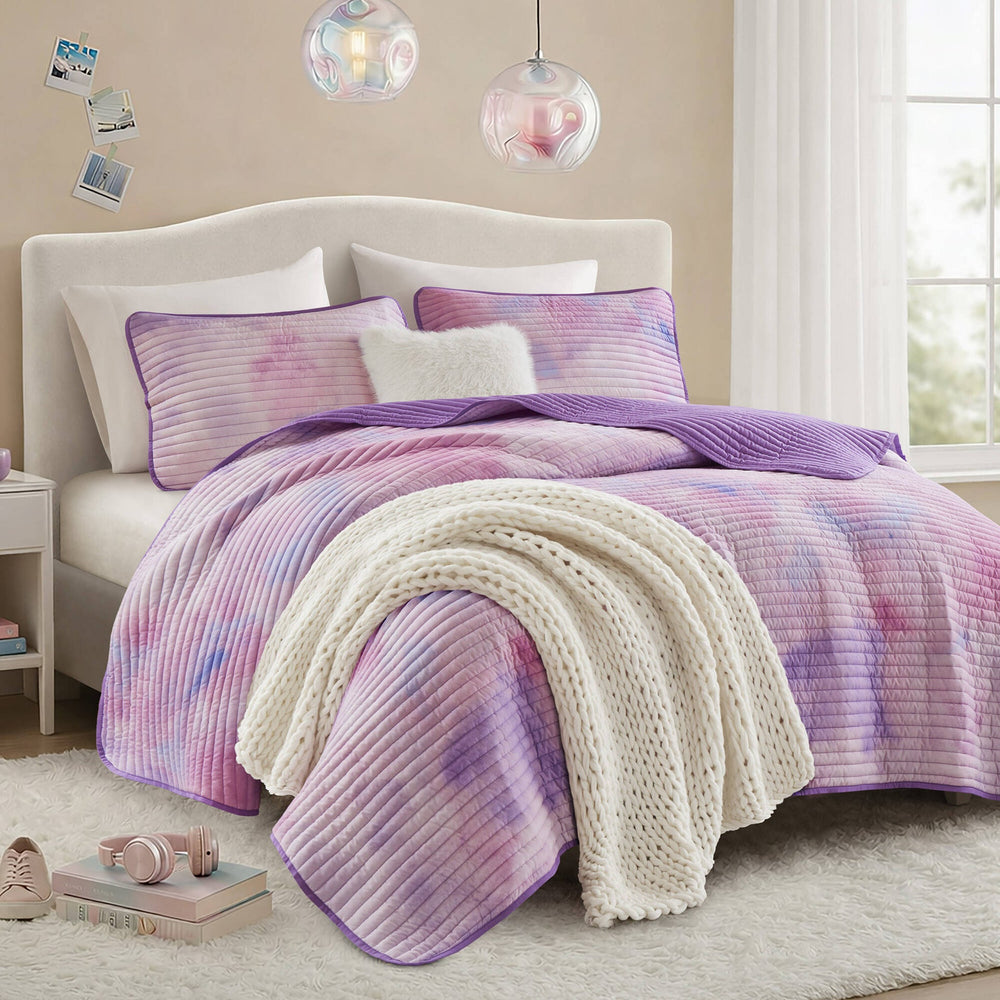 4 Pieces Full/Queen Watercolor Tie Dye Printed Quilt Set with Throw Pillow,Purple Media 6