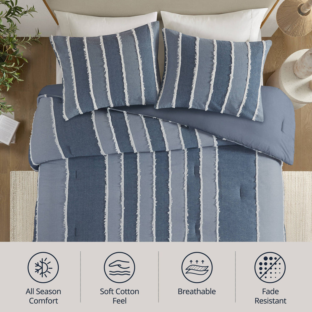 3 Pieces Full/Queen Striped Cotton Comforter Set,Blue Media 8