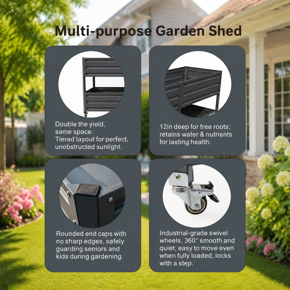 Dual Tier Elevated Metal Raised Garden Bed with Lockable Wheels, Staggered 2-Layer Raised Planter Box for Vegetables Herbs Flowers, Outdoor Patio Backyard Green Planting Bed,Grey Media 7