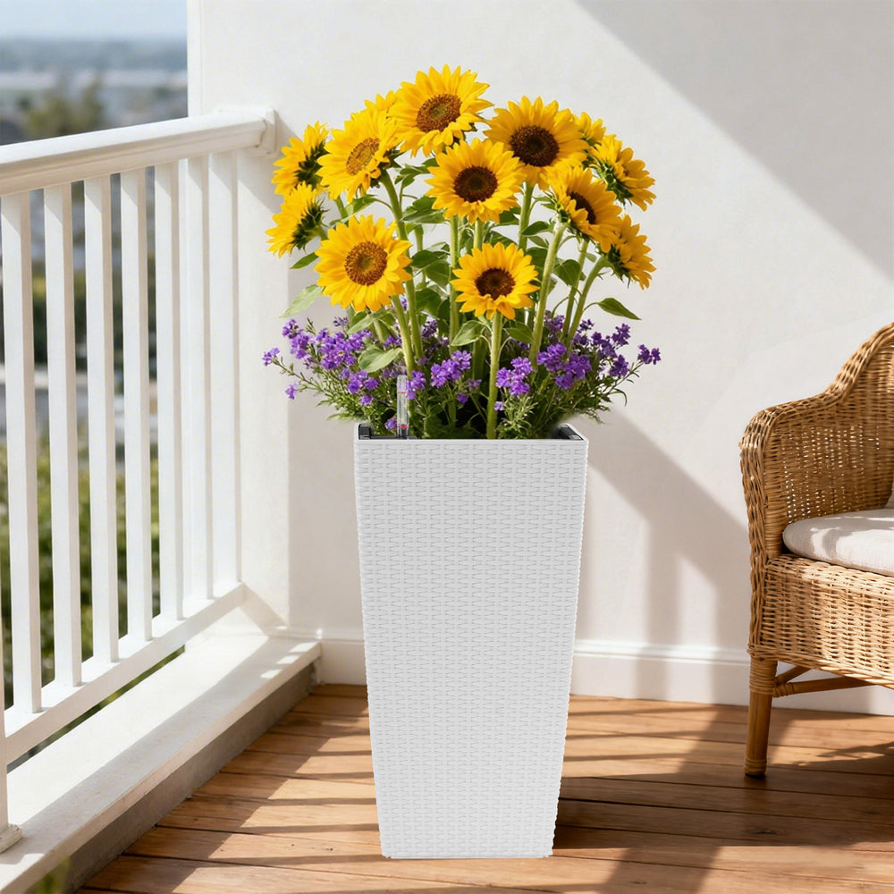 Pack of 2 Square Planter 22-Inch High Faux Rattan Design Flower Pot with Automatic Watering System for Porch, Patio, Backyard, Makes Keeping Flowers Easier White Media 9