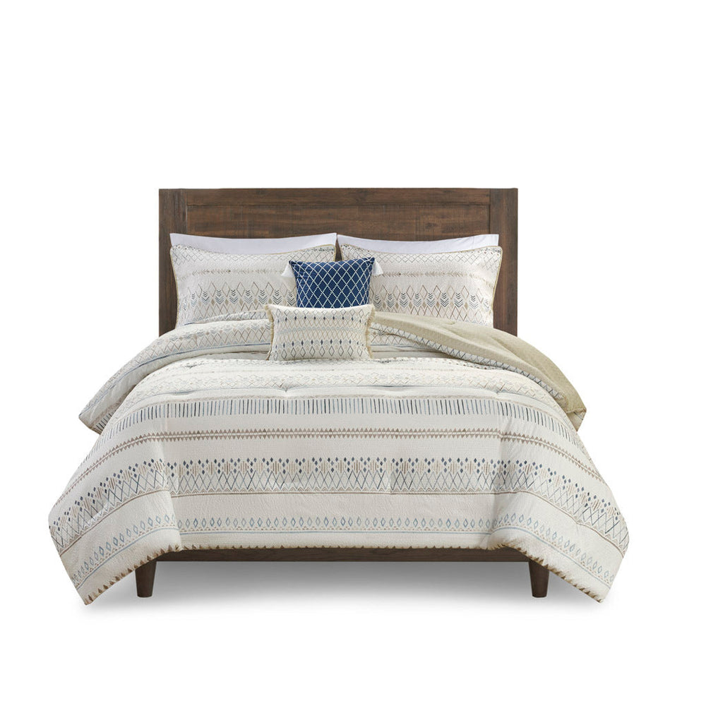 5 Piece Printed Seersucker Comforter Set with Throw Pillows Taupe/Blue Full/Queen Media 4