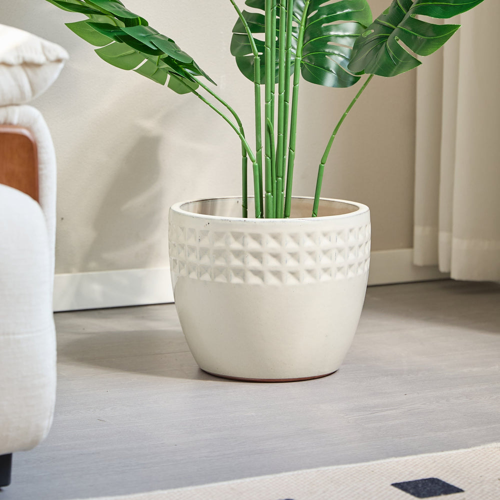 Handmade Ceramic Flower Pot Set of 3, 15/12/9 Inch Diameter, White Diamond Pattern, for Succulents Indoor/Outdoor Use on Windowsill & Bookshelf, Breathable Clay Media 12