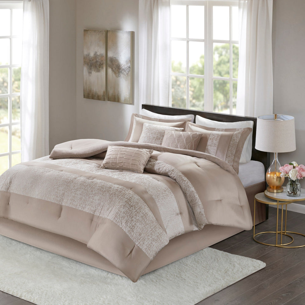 7 Piece Chenille Jacquard Comforter Set Taupe Cal King Media 1
