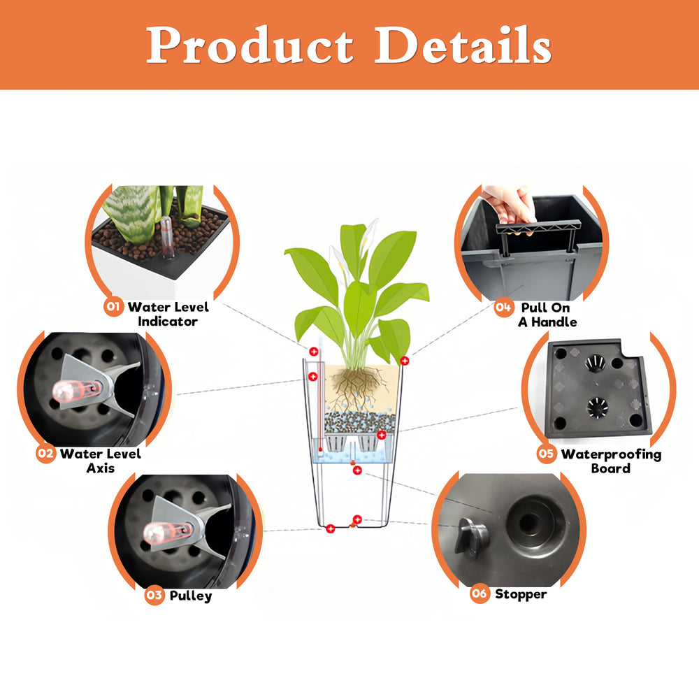 Pack of 2 Square Planter 22-Inch High Faux Rattan Design Flower Pot with Automatic Watering System for Porch, Patio, Backyard, Makes Keeping Flowers Easier White Media 6