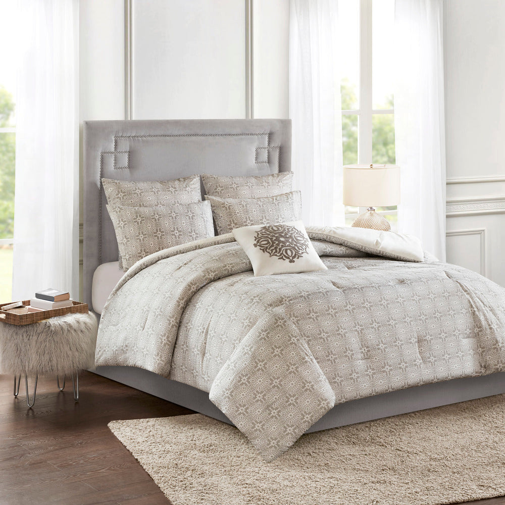 6 Piece Embroidered Cotton Reversible Comforter Set Ivory Full/Queen Media 7