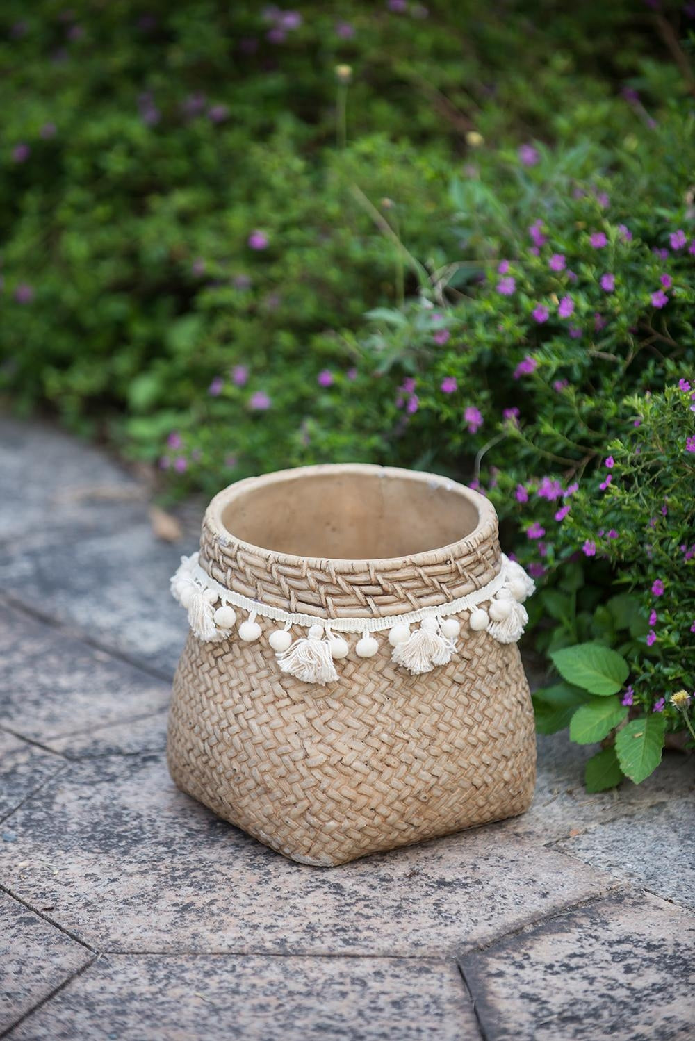 Set of 2 6.5x6.5x6' Brown Cement Planter with Woven Tassel Accent Media 7