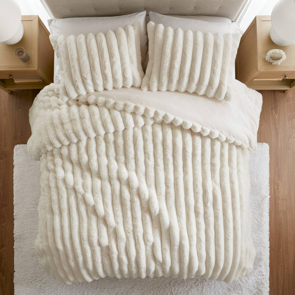 3-Piece Full/Queen  soft Faux Fur Ribbed Comforter Set,Ivory Media 19