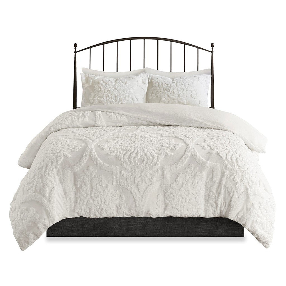 Full/Queen 3 Piece Tufted Cotton Chenille Damask Duvet Cover Set Media 2