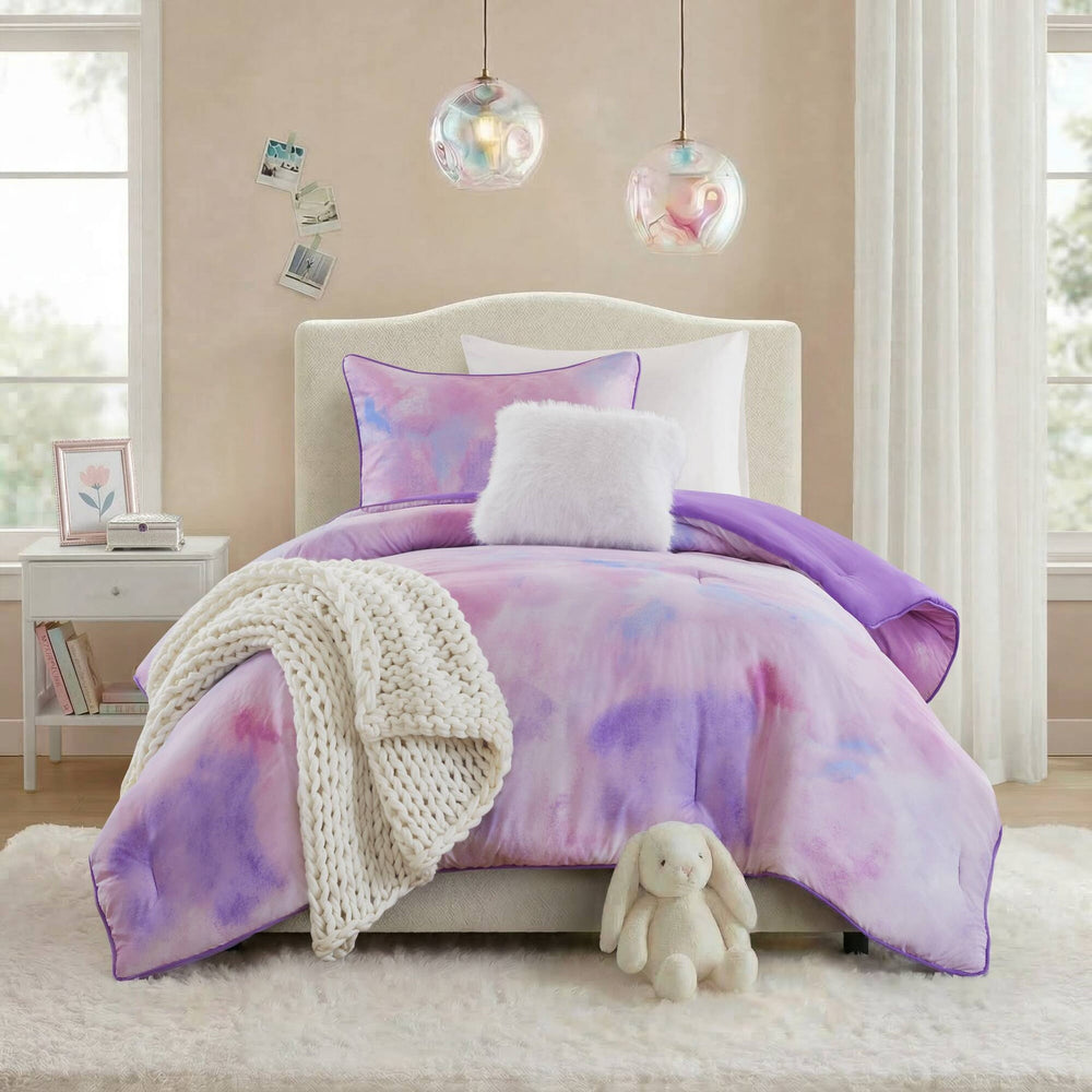 3 Pieces Twin/Twin XL Watercolor Tie Dye Printed Comforter Set with Throw Pillow,Purple Media 18