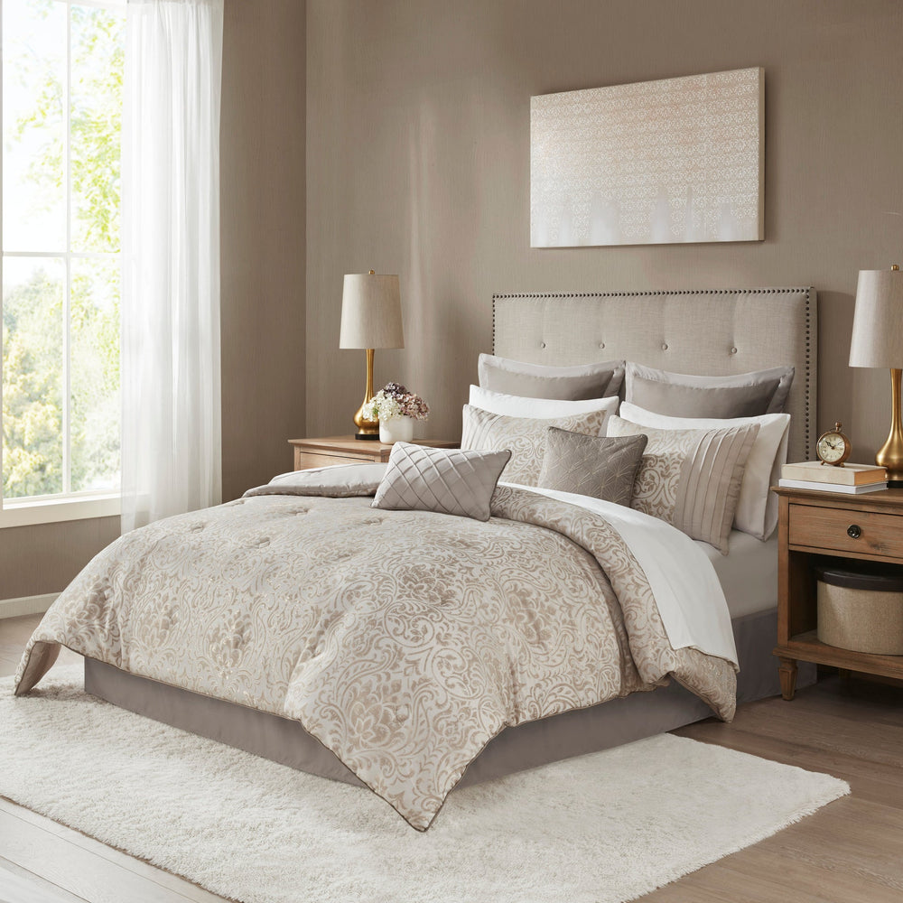12 Piece Jacquard Comforter Set with Bed Sheets Khaki Queen Media 1