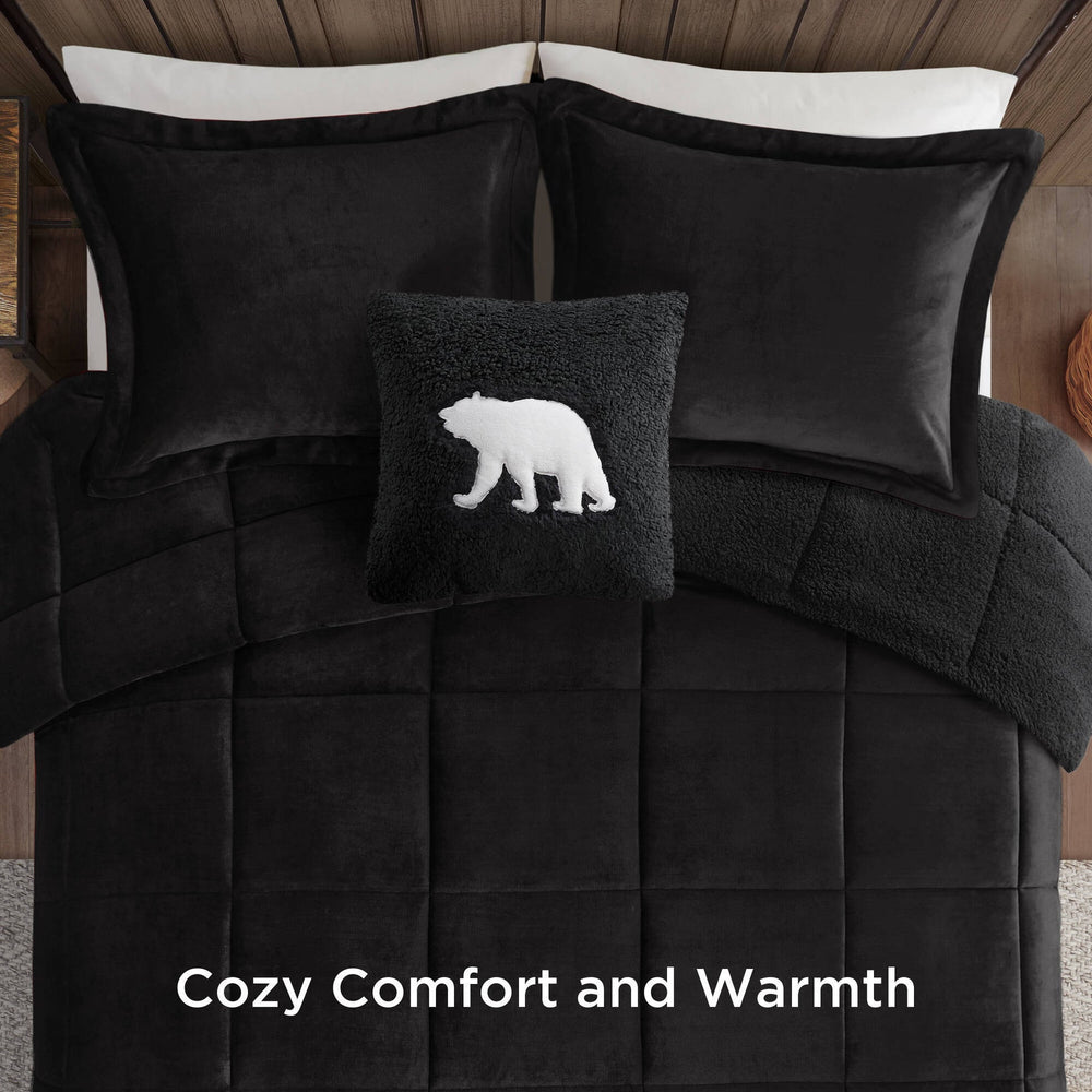 4-Piece King Plush to Sherpa Down Alternative Comforter Set,Black/Black Media 14