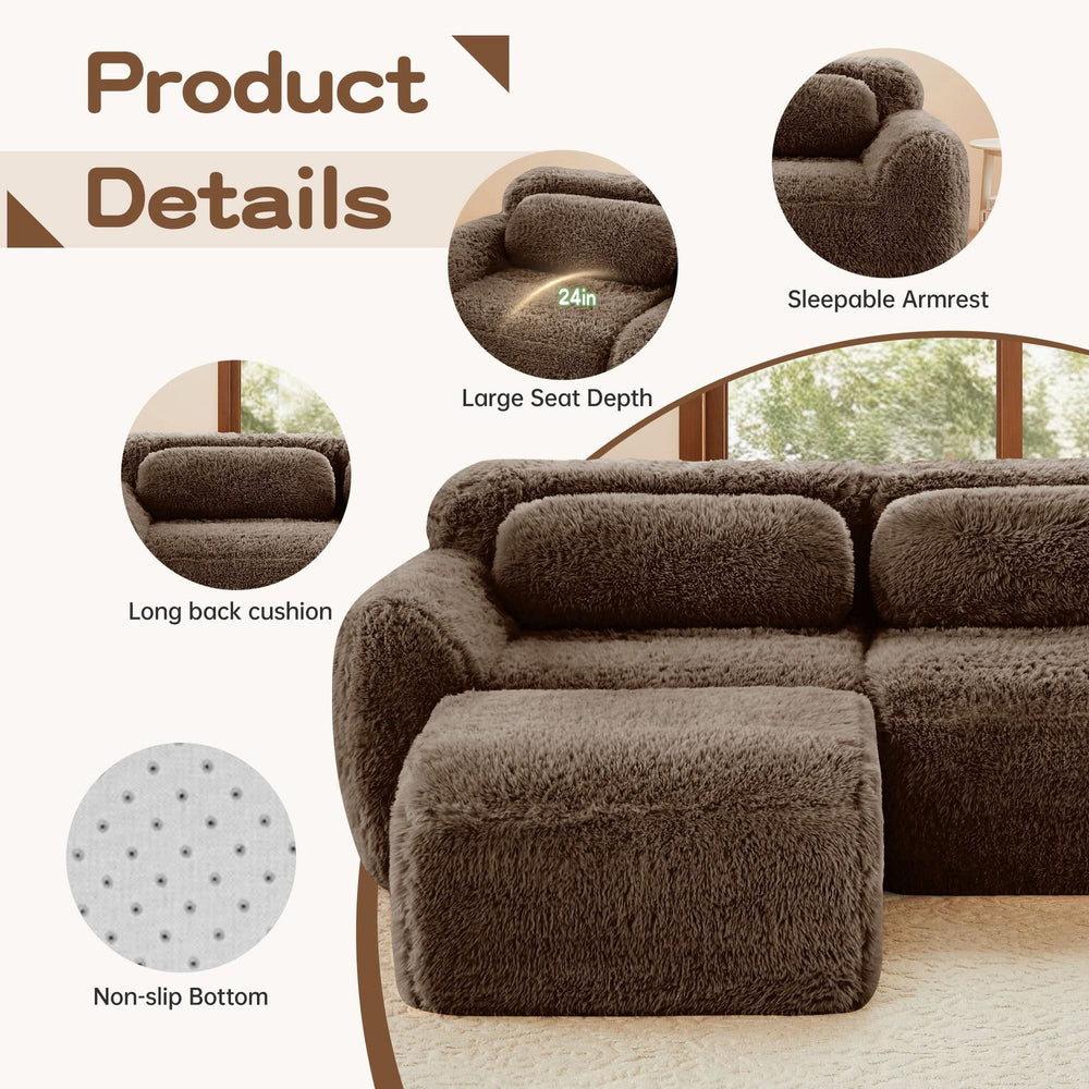 Plush Fabric Sectional Sofa Chocolate Modular With Ottoman & Pillows Media 8
