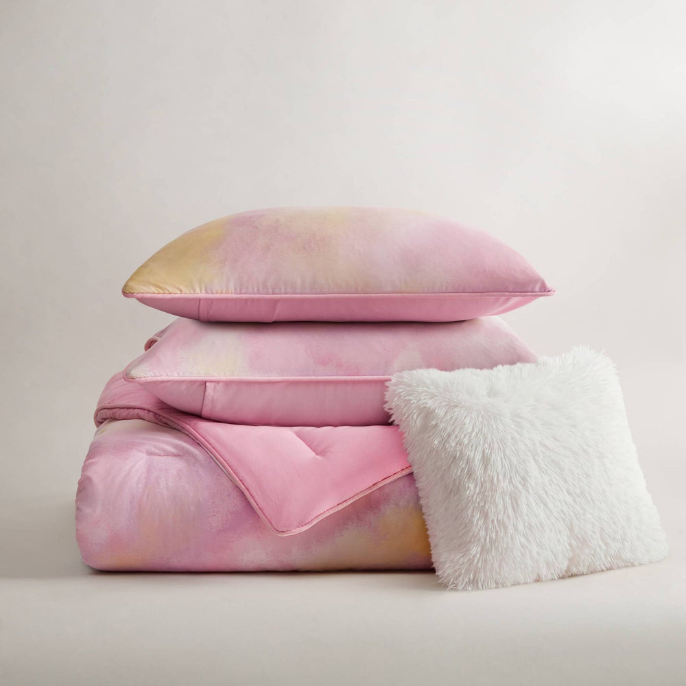 4 Pieces Full/Queen Watercolor Tie Dye Printed Comforter Set with Throw Pillow,Pink Media 10