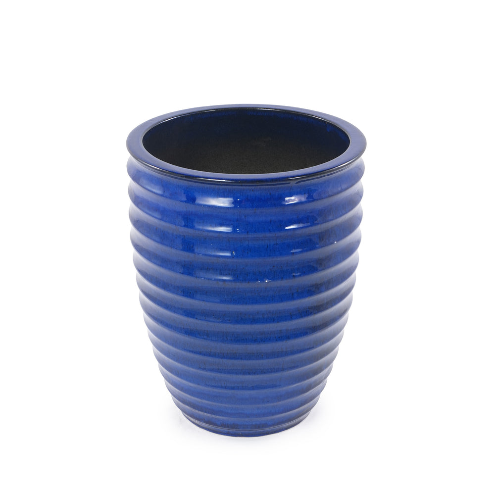 Handmade Sapphire Blue Ceramic Planter, 17 Inch Diameter, 1 Piece, Horizontal Ripples Pattern, for Monstera and Fiddle Leaf Fig, Indoor & Outdoor Doorway Use, Breathable Clay Media 8
