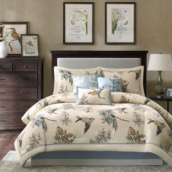 7 Piece Printed Cotton Twill Comforter Set Khaki Cal King Media 1
