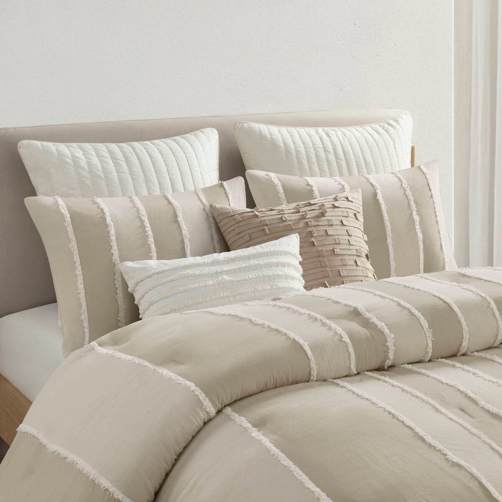 3 Piece Striped Cotton Comforter Set Taupe Full/Queen Media 2