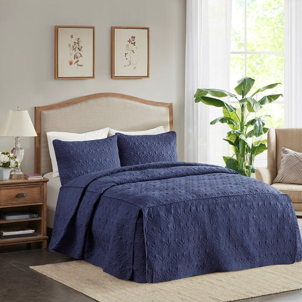 3 Piece Split Corner Pleated Quilted Bedspread Navy King Media 1