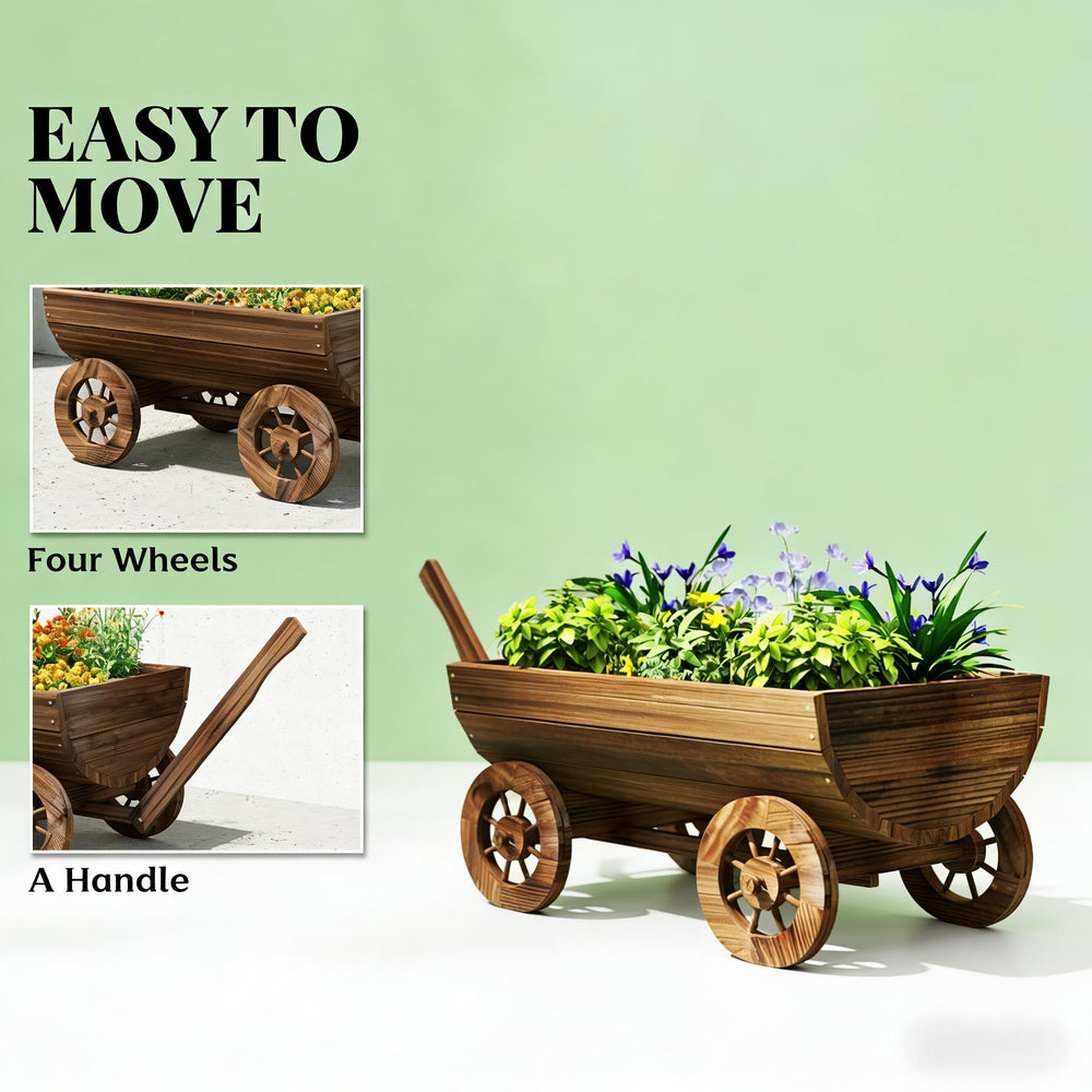 Small Wheelbarrow Wagon Flower Cart,Wooden Mobile Garden Planter Media 4