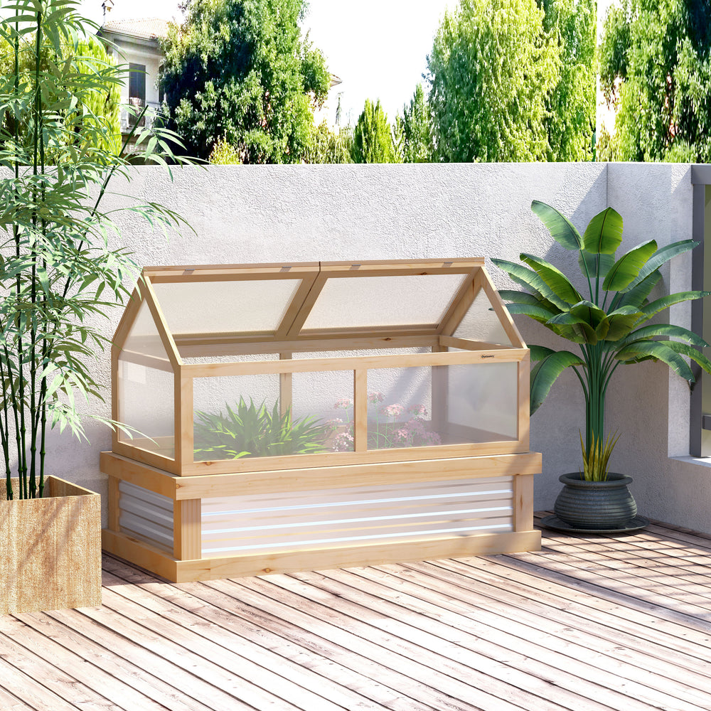 Outsunny Raised Garden Bed with Polycarbonate Greenhouse, Flower Planter Protection, Natural Wood, 48' x 24' x 32' Media 9